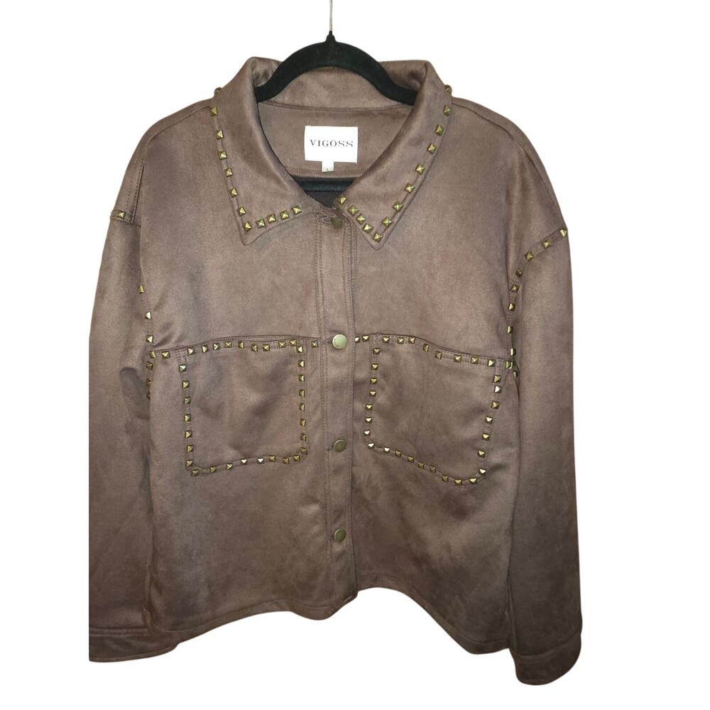 Vigoss Studded Faux Suede Shacket Jacket - Chocolate Brown - Size Large